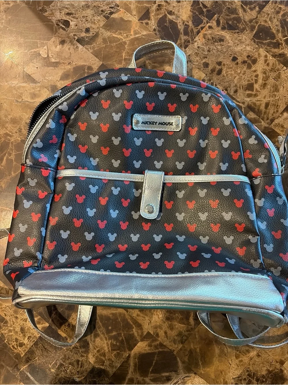 Disney Mickey Mouse Black Backpack with Red and Gray Mickey Heads Faux Leather